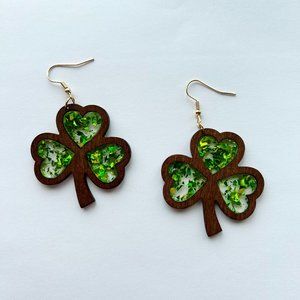 St. Patricks Day Light Green Shamrock 3 Leaf Clover Resin Wood Earrings